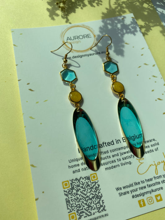 Lange meerkleurige oorhangers, blauw/geel